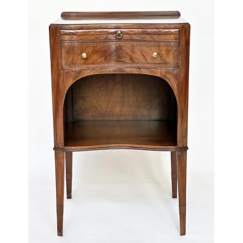 204 - LAMP TABLES, a pair, George III design flame mahogany each with slide, drawer and arched compartment... 