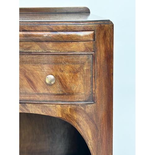 204 - LAMP TABLES, a pair, George III design flame mahogany each with slide, drawer and arched compartment... 