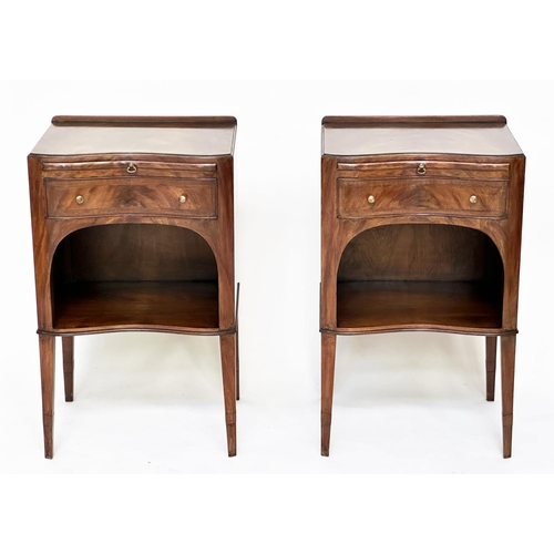 204 - LAMP TABLES, a pair, George III design flame mahogany each with slide, drawer and arched compartment... 