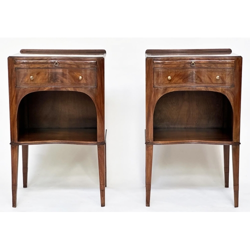 204 - LAMP TABLES, a pair, George III design flame mahogany each with slide, drawer and arched compartment... 