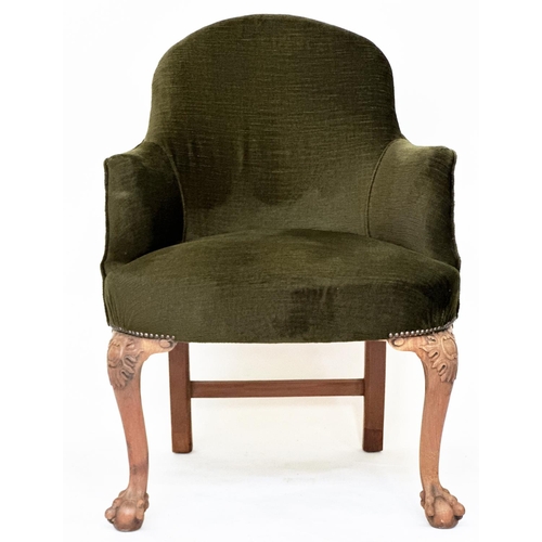 205 - ARMCHAIRS, a pair, early 20th century tub form moss green velvet upholstered each with carved walnut... 