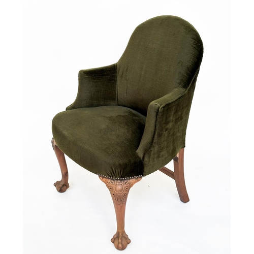 205 - ARMCHAIRS, a pair, early 20th century tub form moss green velvet upholstered each with carved walnut... 