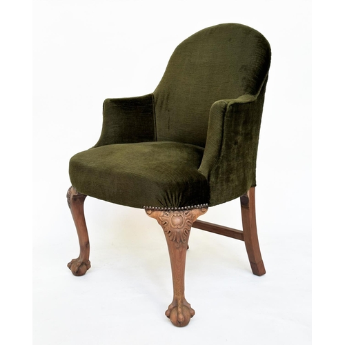 205 - ARMCHAIRS, a pair, early 20th century tub form moss green velvet upholstered each with carved walnut... 