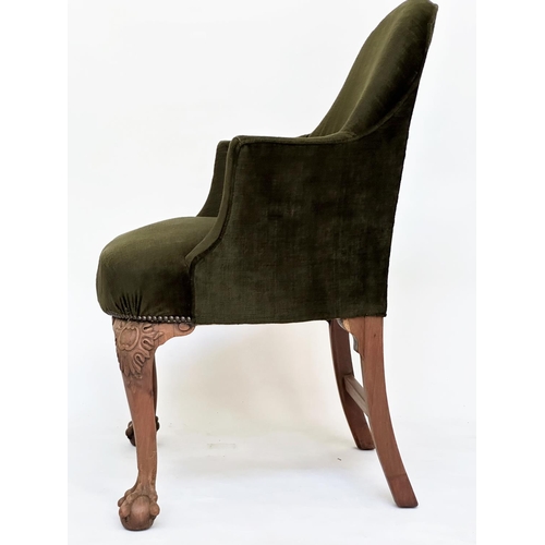 205 - ARMCHAIRS, a pair, early 20th century tub form moss green velvet upholstered each with carved walnut... 