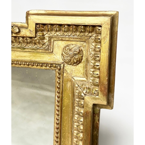 207 - WALL MIRROR, 19th century French rectangular giltwood and gesso moulded with beaded and rosette fram... 