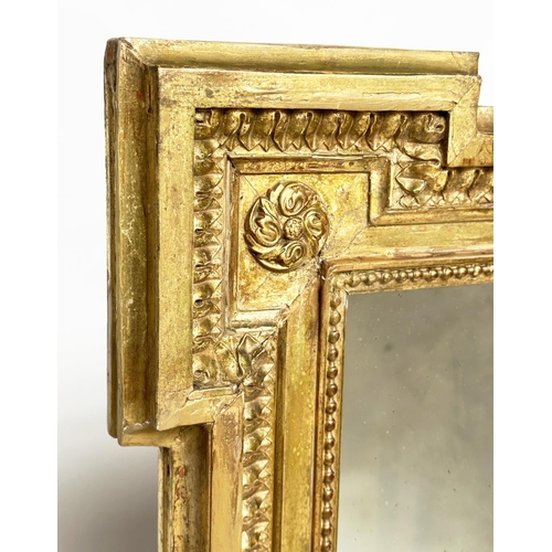 207 - WALL MIRROR, 19th century French rectangular giltwood and gesso moulded with beaded and rosette fram... 