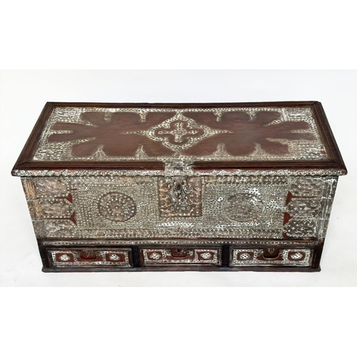 208 - ZANZIBAR CHEST, 19th century East African teak and profusely brass inset with rising lid and three b... 