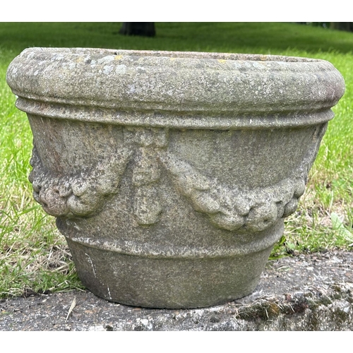 211 - GARDEN PLANTERS,  a pair, well weathered reconstituted stone each round with swag decoration, 35cm H... 