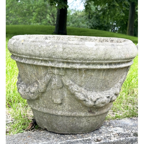 211 - GARDEN PLANTERS,  a pair, well weathered reconstituted stone each round with swag decoration, 35cm H... 