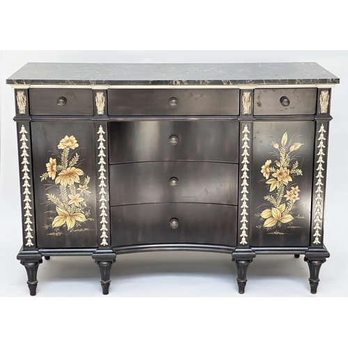 214 - CABINET CHEST, lacquered and hand painted floral and Chinoiserie decorated with gilt mounts, drawers... 