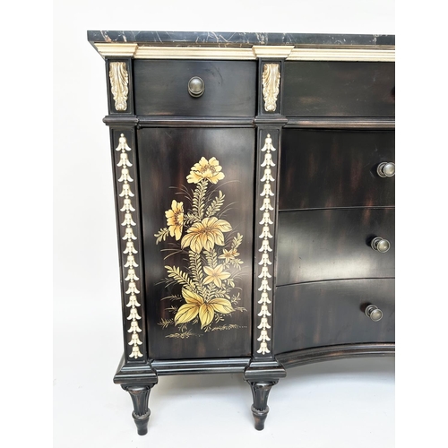 214 - CABINET CHEST, lacquered and hand painted floral and Chinoiserie decorated with gilt mounts, drawers... 