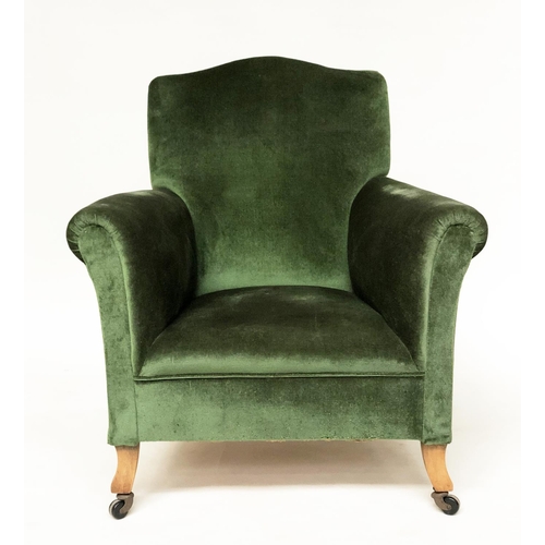 215 - ARMCHAIR, early 20th century Edwardian green velvet upholstered with scroll arms and outswept suppor... 