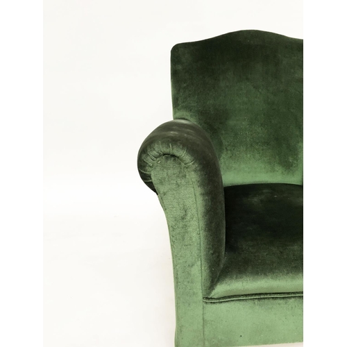 215 - ARMCHAIR, early 20th century Edwardian green velvet upholstered with scroll arms and outswept suppor... 