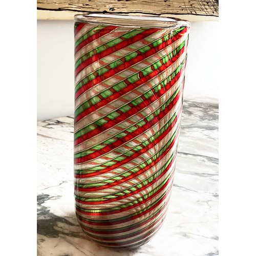 11 - MURANO VASE, large formia, red green and aventurine 'A Canne' glass vase engraved mark, 33cm H.