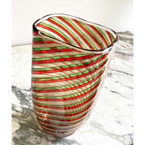 11 - MURANO VASE, large formia, red green and aventurine 'A Canne' glass vase engraved mark, 33cm H.