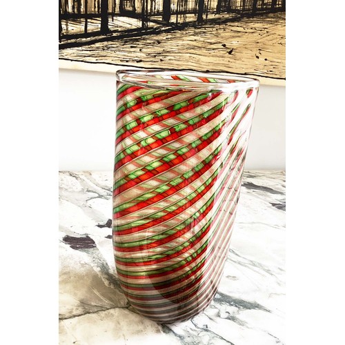 11 - MURANO VASE, large formia, red green and aventurine 'A Canne' glass vase engraved mark, 33cm H.