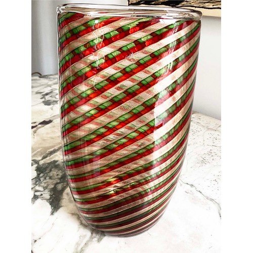 11 - MURANO VASE, large formia, red green and aventurine 'A Canne' glass vase engraved mark, 33cm H.