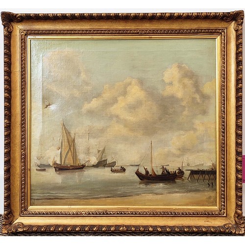 64 - AFTER WILLEM VAN DE VELDE, 'Boats pulling out a Yacht in the calm', oil on canvas, 44cm x 48cm, fram... 