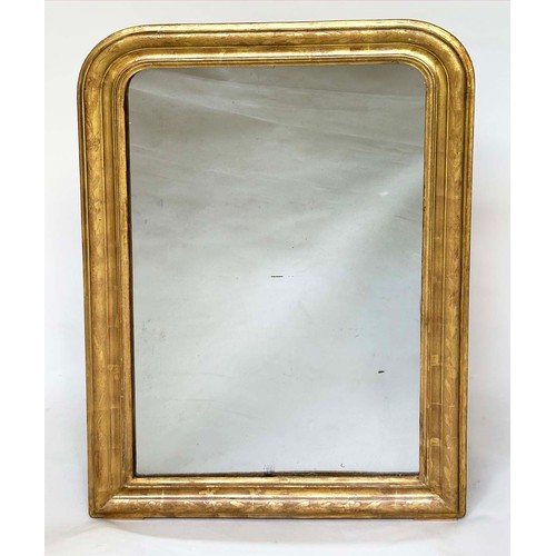 212 - WALL MIRROR, late 19th century French giltwood with arched incised frame, 67cm W x 99cm H.