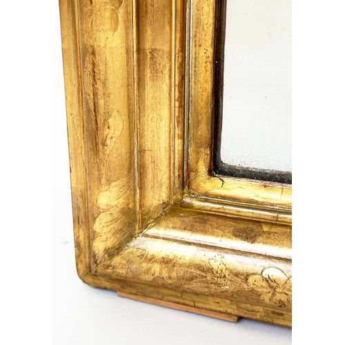 212 - WALL MIRROR, late 19th century French giltwood with arched incised frame, 67cm W x 99cm H.