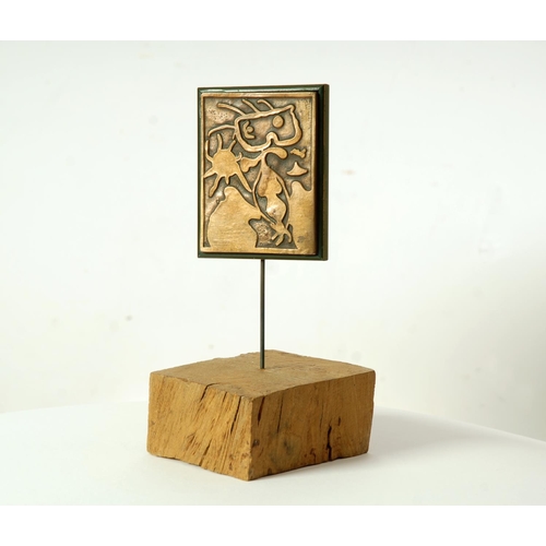 117 - AFTER JOAN MIRO, bronze plaque, mounted onto wooden plinth, personnages, xxe siecle number 4, 1938, ... 