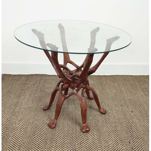 192 - OCCASIONAL TABLE, hardwood with circular glass top on intertwined camel outline supports, 62cm H x 6... 