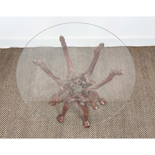 192 - OCCASIONAL TABLE, hardwood with circular glass top on intertwined camel outline supports, 62cm H x 6... 