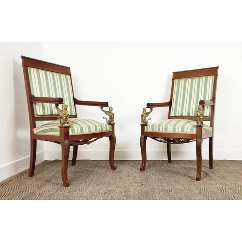 196 - FAUTEUILS, a pair, late 19th/early 20th century Empire style mahogany and brass mounted with sphynx ... 