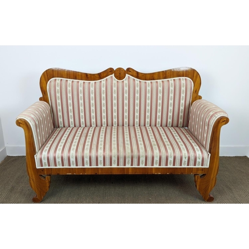 197 - SOFA, Biedermeier cherrywood and line inlaid with pink striped upholstery, 104cm H x 168cm x 68cm.