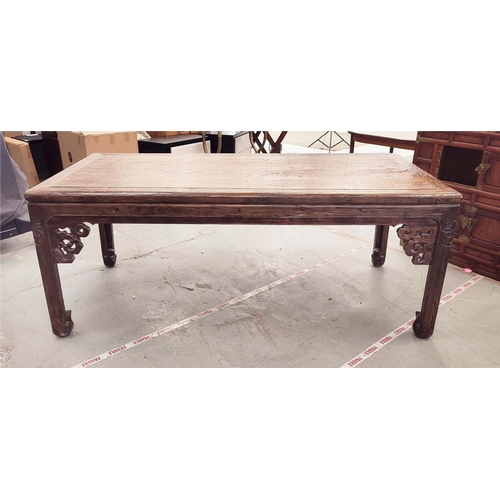 189 - DINING TABLE, Chinese elm with carved legs and pierced spandrels, 217cm L x 107cm W x 88cm H.