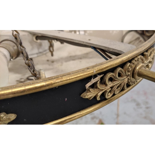 201 - CEILING LIGHT EMPIRE STYLE, black metal and brass with acanthus leaf detail, 77cm W x 96cm H approx.