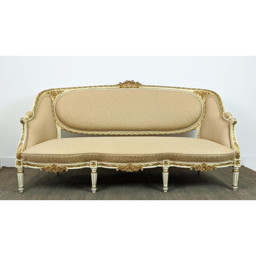 198 - CANAPE, Louis XVI style, painted and giltwood in patterned buttercream fabric, 100cm H x 183cm W.