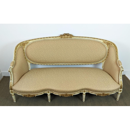 198 - CANAPE, Louis XVI style, painted and giltwood in patterned buttercream fabric, 100cm H x 183cm W.