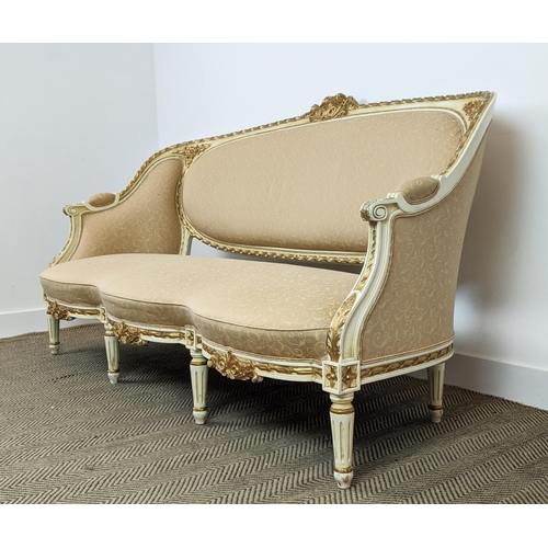 198 - CANAPE, Louis XVI style, painted and giltwood in patterned buttercream fabric, 100cm H x 183cm W.