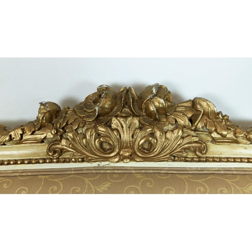 198 - CANAPE, Louis XVI style, painted and giltwood in patterned buttercream fabric, 100cm H x 183cm W.