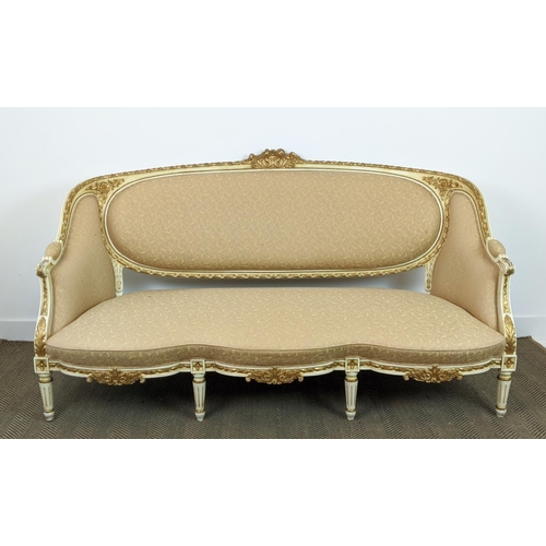 198 - CANAPE, Louis XVI style, painted and giltwood in patterned buttercream fabric, 100cm H x 183cm W.