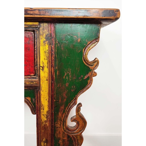 190 - SIDE TABLE, Chinese, red, green and yellow lacquer, fitted with three drawers, 89cm H x 192cm W x 44... 