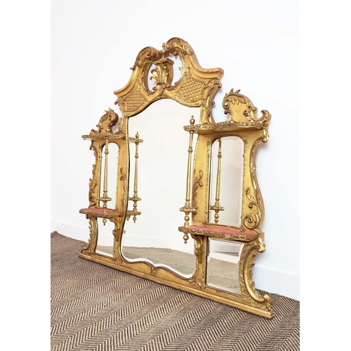 90 - OVERMANTEL, late Victorian giltwood and gesso, circa 1890 with red velvet lined shelves, 133cm H x 1... 