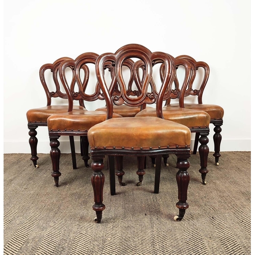 91 - DINING CHAIRS, a set of six, Victorian mahogany with tan leather seats and front castors, 89cm H x 4... 