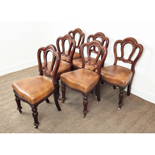 91 - DINING CHAIRS, a set of six, Victorian mahogany with tan leather seats and front castors, 89cm H x 4... 