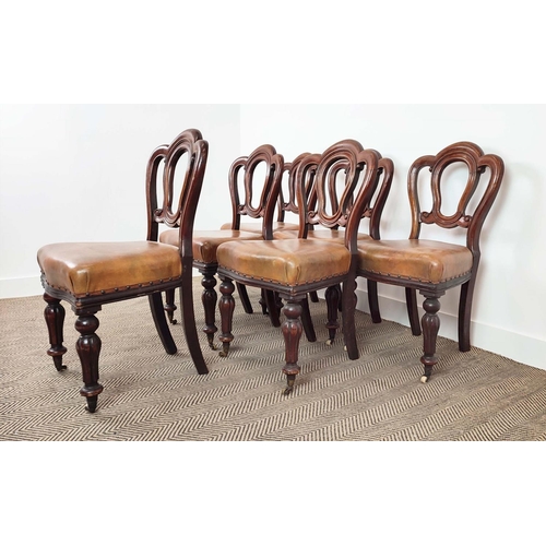 91 - DINING CHAIRS, a set of six, Victorian mahogany with tan leather seats and front castors, 89cm H x 4... 