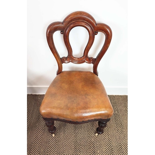 91 - DINING CHAIRS, a set of six, Victorian mahogany with tan leather seats and front castors, 89cm H x 4... 