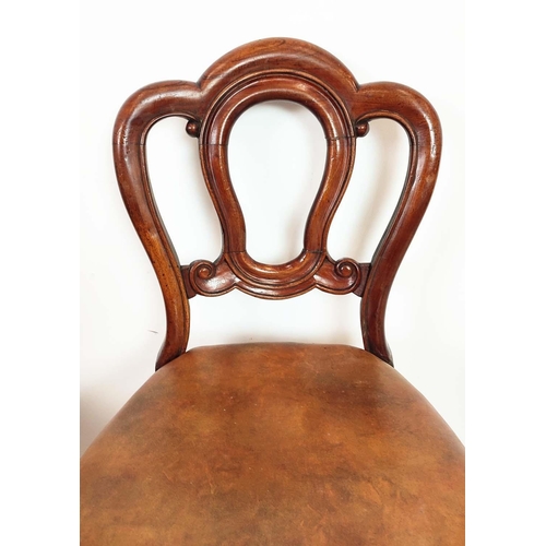 91 - DINING CHAIRS, a set of six, Victorian mahogany with tan leather seats and front castors, 89cm H x 4... 