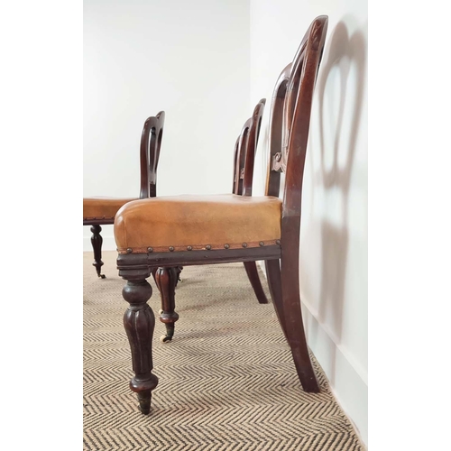 91 - DINING CHAIRS, a set of six, Victorian mahogany with tan leather seats and front castors, 89cm H x 4... 