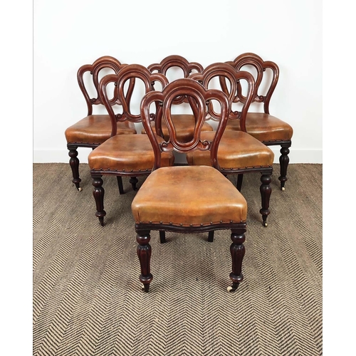 91 - DINING CHAIRS, a set of six, Victorian mahogany with tan leather seats and front castors, 89cm H x 4... 