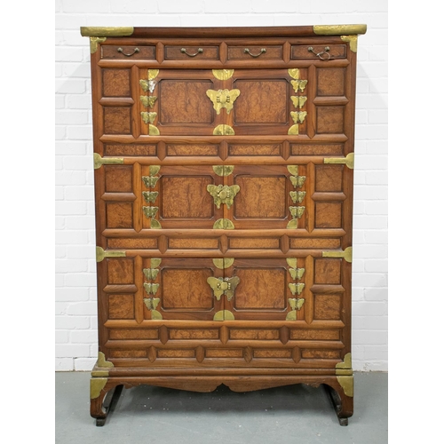 92 - CABINET ON STAND, 19th century Korean burr elm, elm and brass mounted with four drawers above six do... 