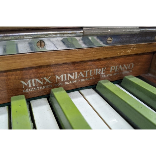 93 - MODEL 'MINX MINATURE' PIANO, Art Deco burr walnut by B. Squire, with green and white keys, 52cm D x ... 