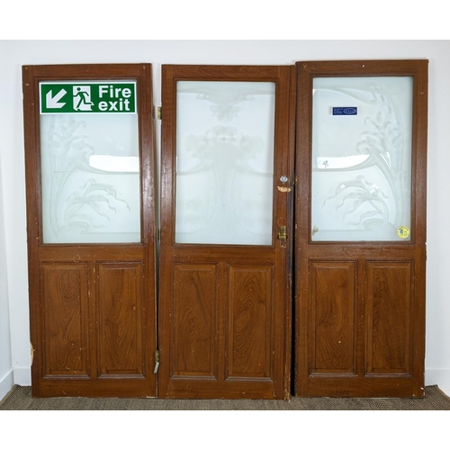 281 - DOOR PANELS, a set of three late 19th century Dutch, grain painted with Art Nouveau etched glass, ea... 