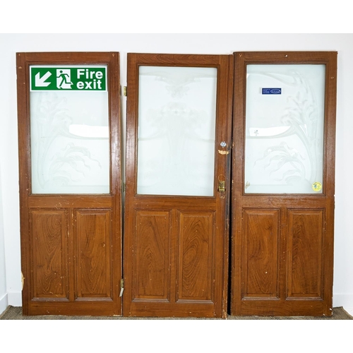 281 - DOOR PANELS, a set of three late 19th century Dutch, grain painted with Art Nouveau etched glass, ea... 