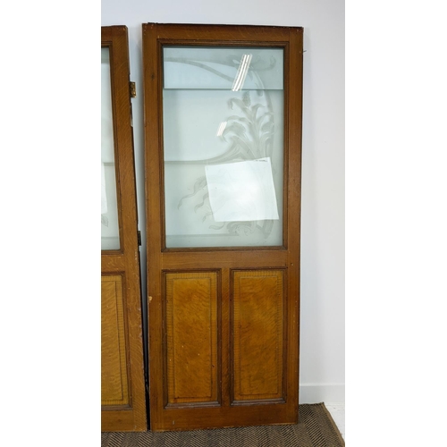 281 - DOOR PANELS, a set of three late 19th century Dutch, grain painted with Art Nouveau etched glass, ea... 